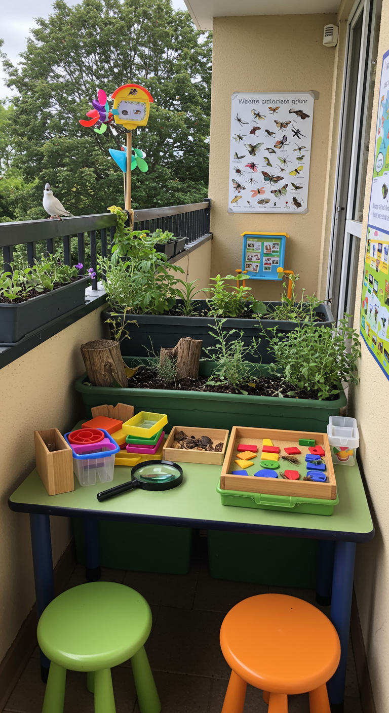 Kindertisch auf Balkon neben Hochbeeten, mit Lupen und Gärtnerwerkzeug.
