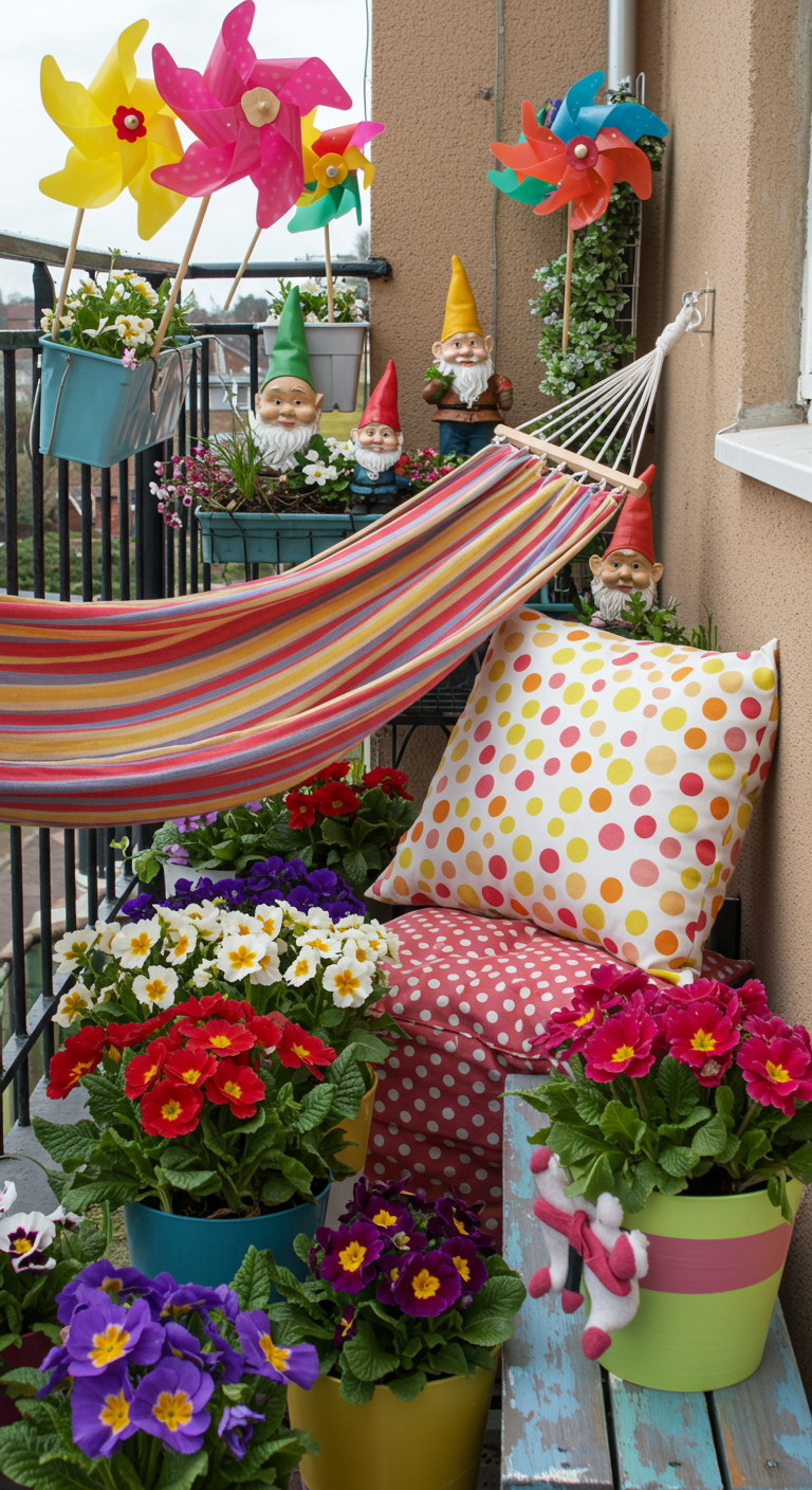 Kunterbunter Balkon mit Hängematte, Gartenzwergen, Windrädern und bunten Blumen.