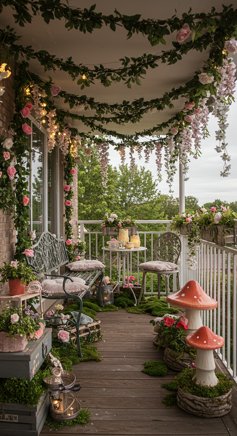 Märchenhaft dekorierter Balkon mit hängenden Blumen, Moos und Pilzfiguren.