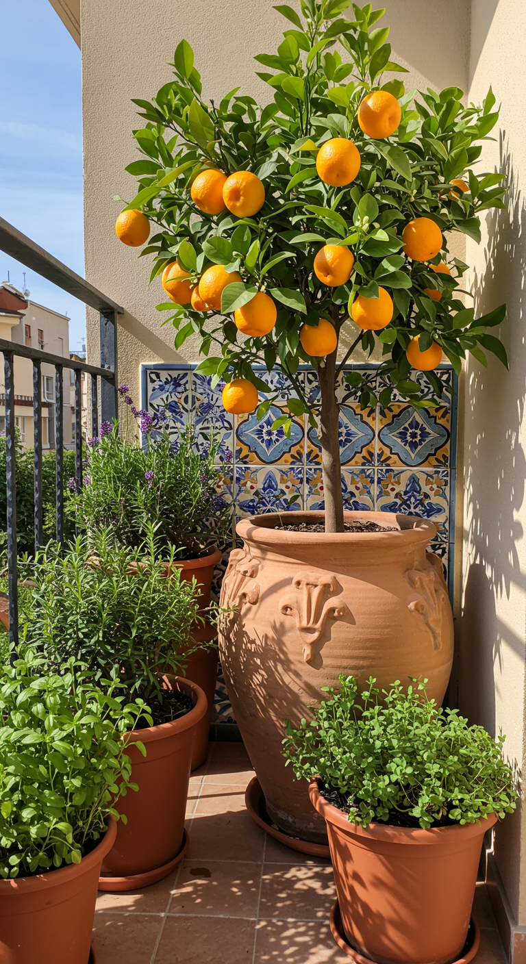 Orangenbäumchen in großem Terrakotta-Topf auf einem Balkon, umgeben von Kräutern und Lavendel.