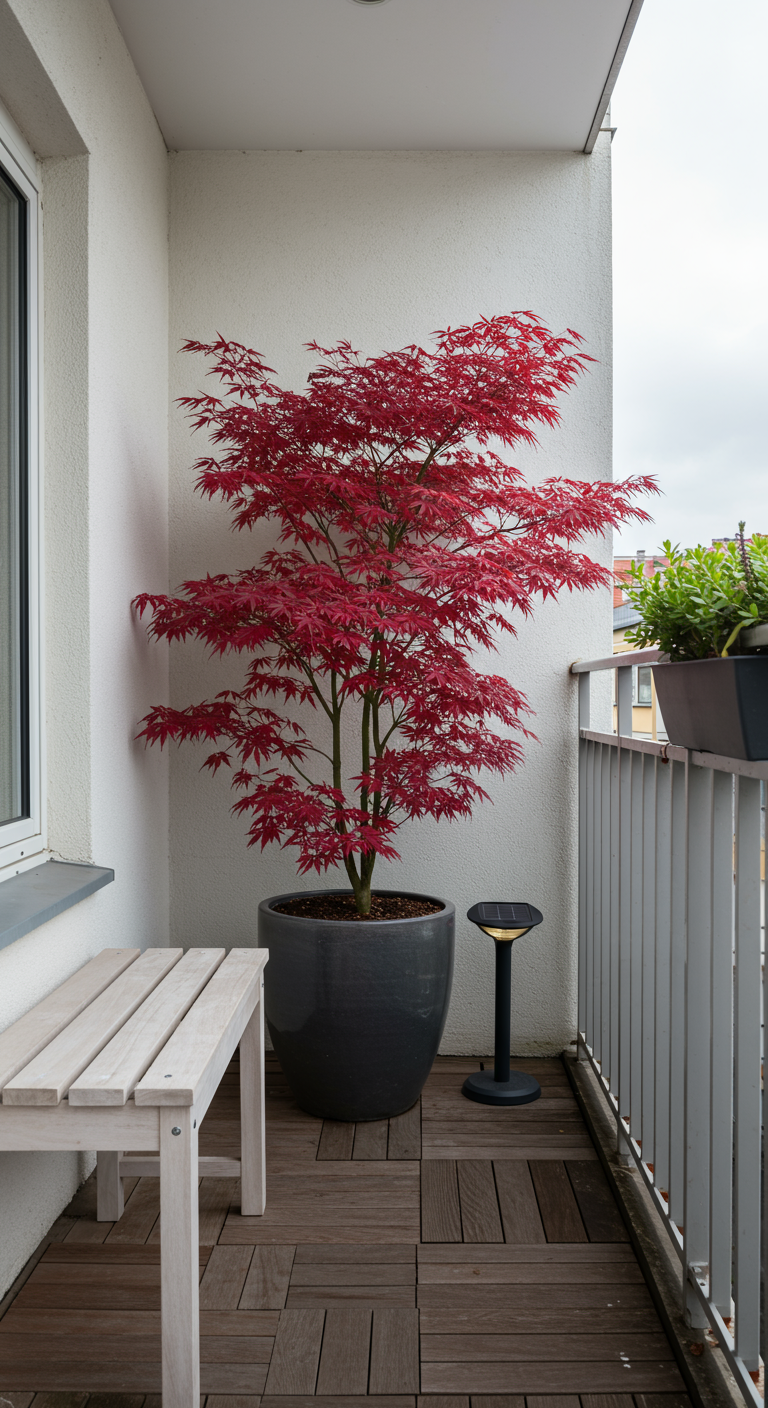 Balkon mit großem roten Fächerahorn im Kübel, heller Holzbank und Holzboden.