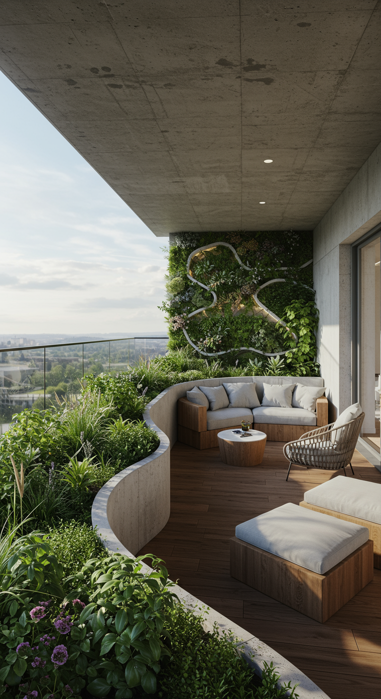 Moderner Balkon mit geschwungenen Pflanzbeeten, Holzdeck, üppiger Bepflanzung und hellen Möbeln.