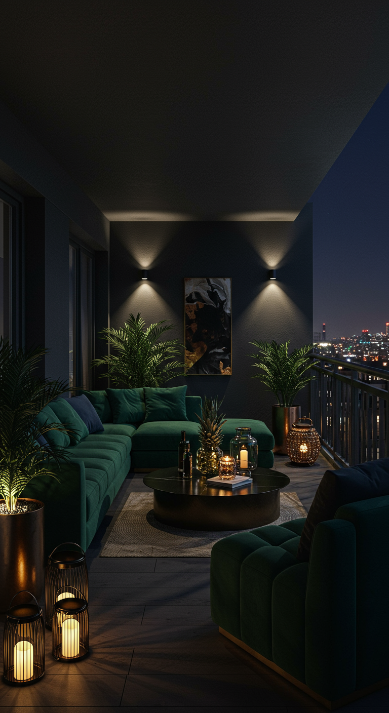 Eleganter Balkon bei Nacht mit dunkelgrünem Samtsofa, goldenen Akzenten und Palmen.
