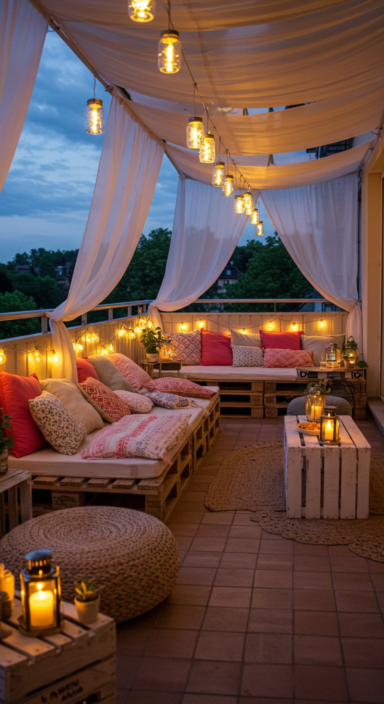 Balkon bei Nacht mit Palettensofas, Stoffbahnen als Dach, vielen Lichterketten und bunten Kissen.