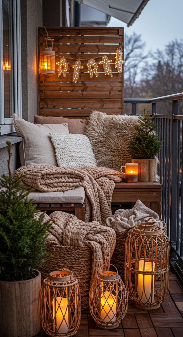 Winterlicher Balkon mit Holzbank, Fellen, Strickdecken und Rattanlaternen.