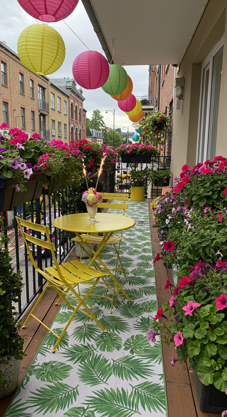 Schmaler Balkon mit gelbem Bistro-Set, Palmenprint-Teppich und vielen Blumen.