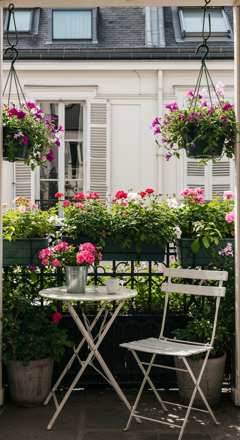 Weißes Bistro-Set auf Balkon umgeben von rosa und weißen Blumen in Töpfen und Hängeampeln.