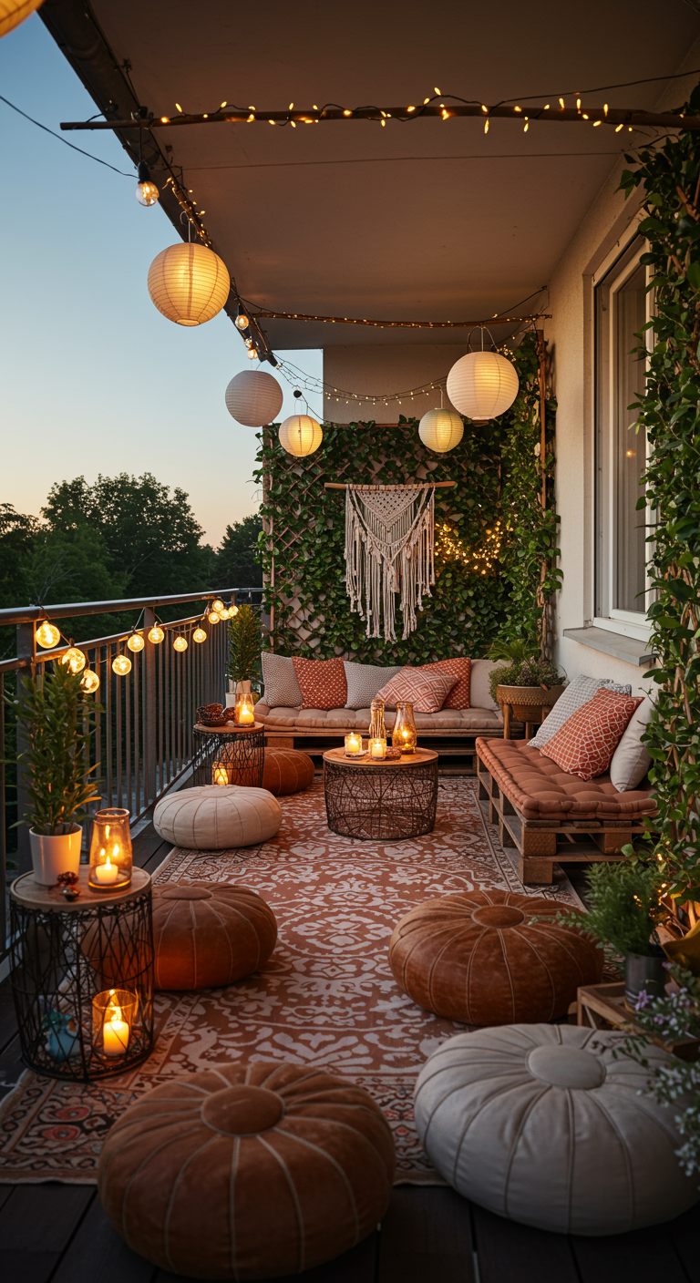 Boho-Balkonparty mit Lampions, Lichterketten, Makramee, Palettensofa und vielen Bodenkissen.
