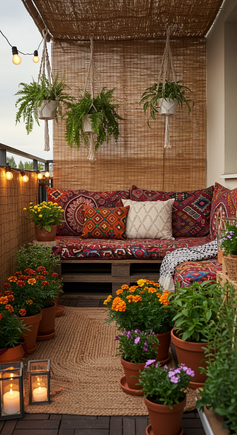 Gemütlicher Boho-Balkon mit Palettensofa, bunten Kissen und vielen Pflanzen.