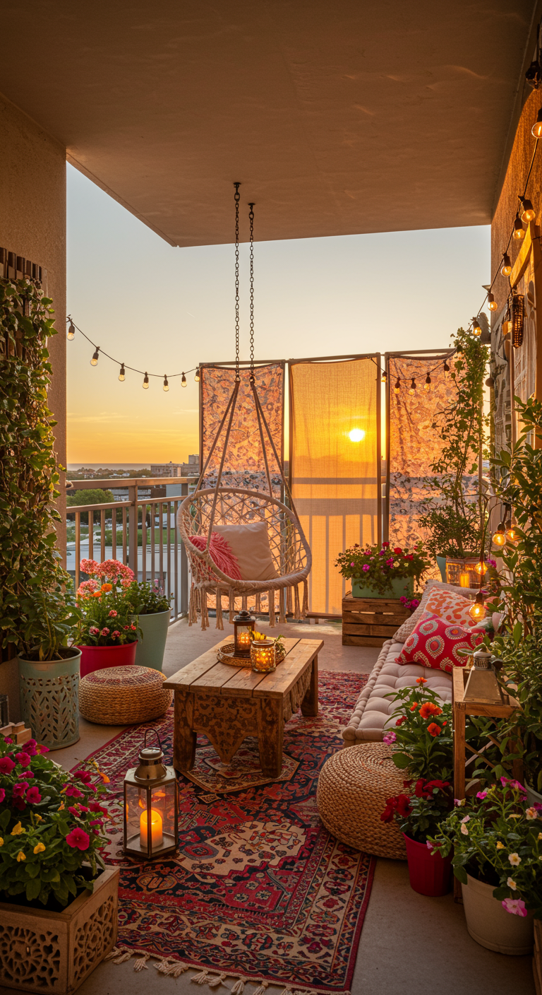 Boho-Balkon mit Hängesessel, bunten Textilien, Pflanzen und Lichterketten bei Sonnenuntergang.