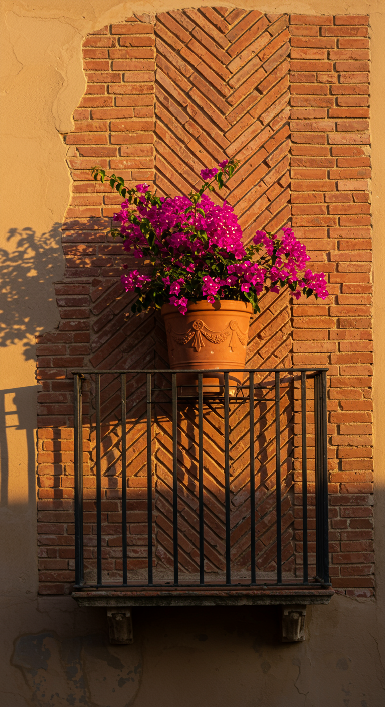 Einzelner großer Terrakotta-Topf mit pinker Bougainvillea auf kleinem Balkon vor Backsteinwand.