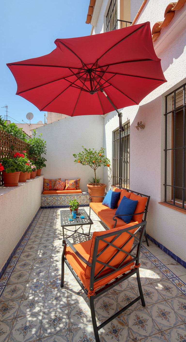 Schmaler Balkon mit großem roten Sonnenschirm, orangefarbenen Polstern und bunten Kissen auf einer Bank.