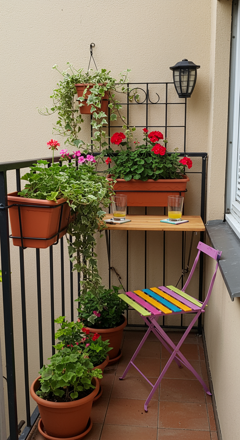 Bunter Klappstuhl neben Wandklapptisch und Geranien in Terrakotta-Töpfen.