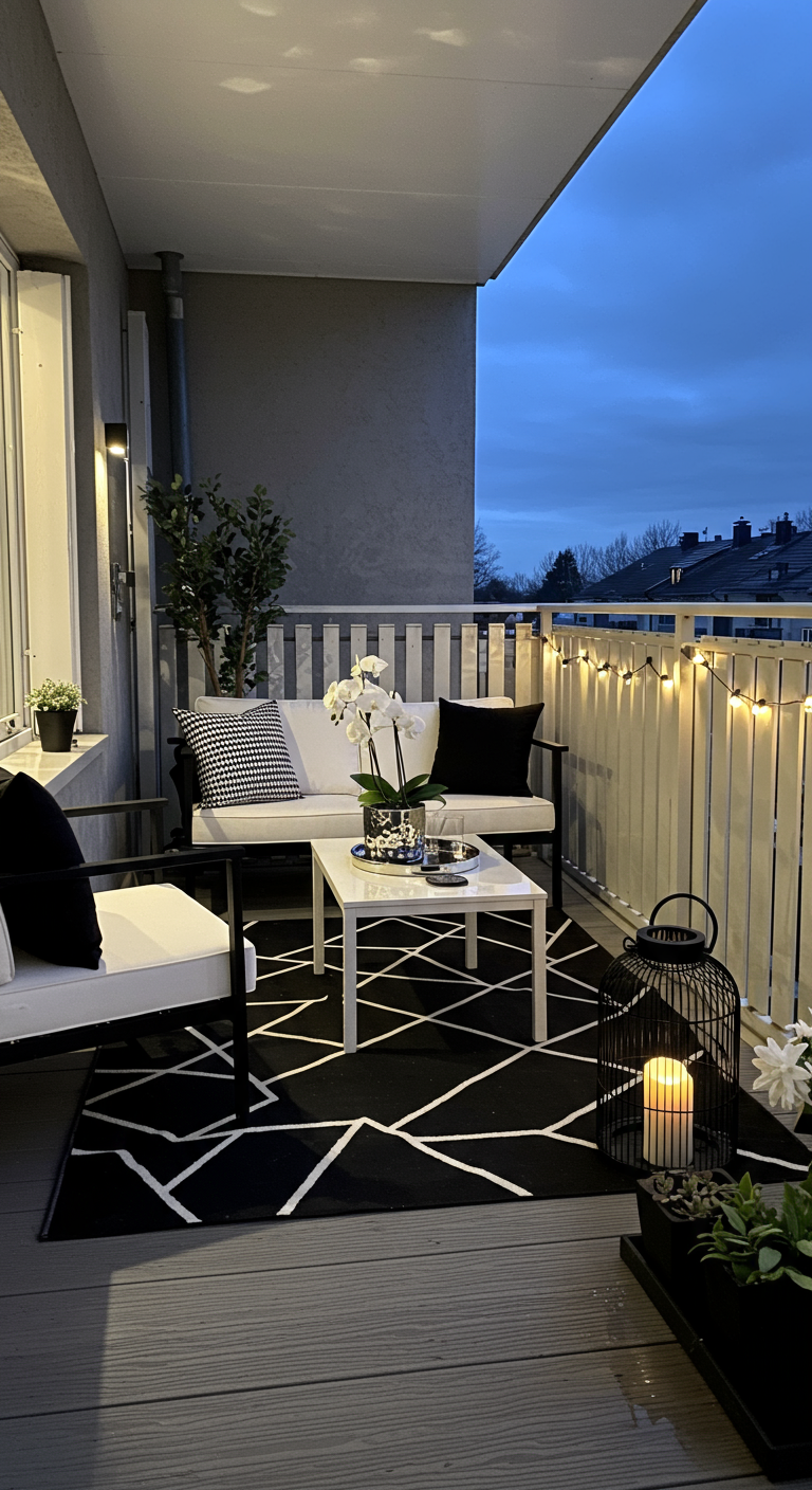 Modern gestalteter Nordbalkon in Schwarz-Weiß mit Lichterkette und Orchidee bei Dämmerung.