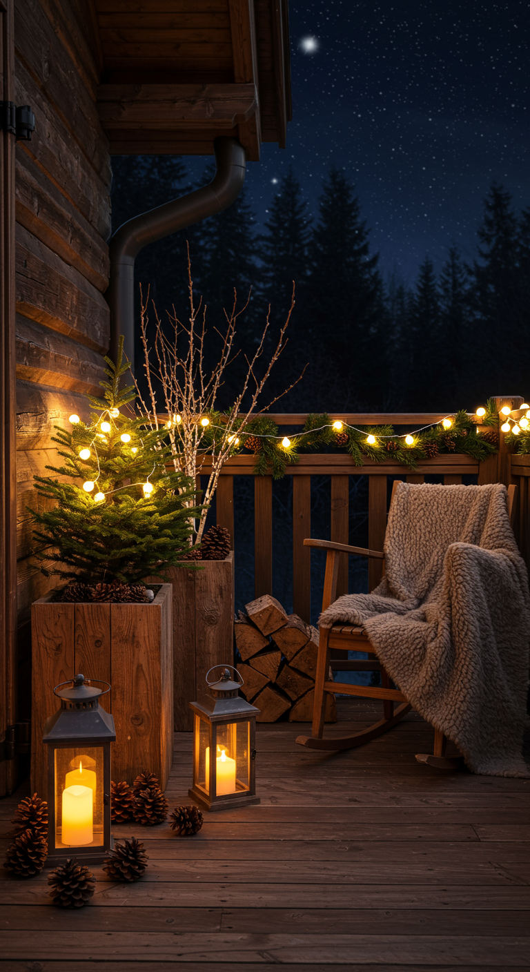 Rustikaler Balkon mit Holzmöbeln, Lammfell, Tannen und Laternen bei Nacht.