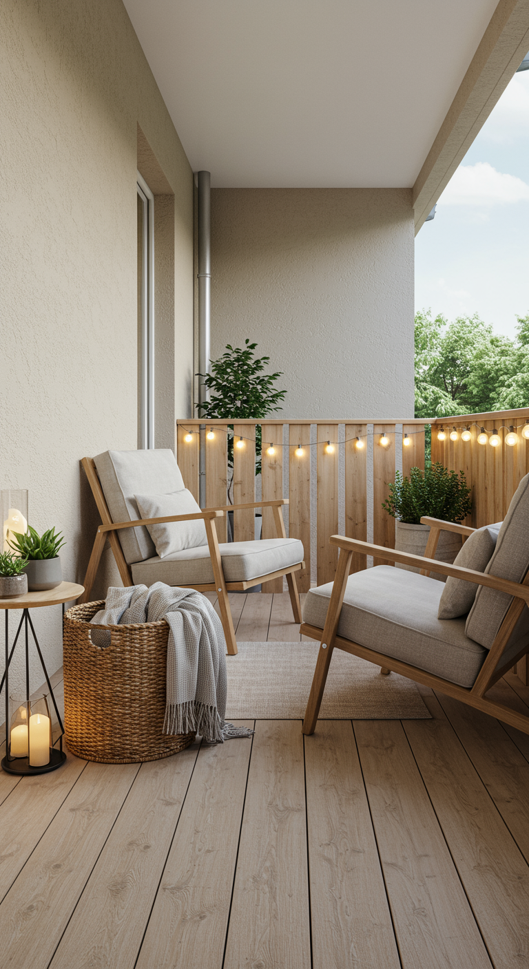 Moderne Holzsessel mit Leinenpolstern und Lichterkette auf Holzbalkon.