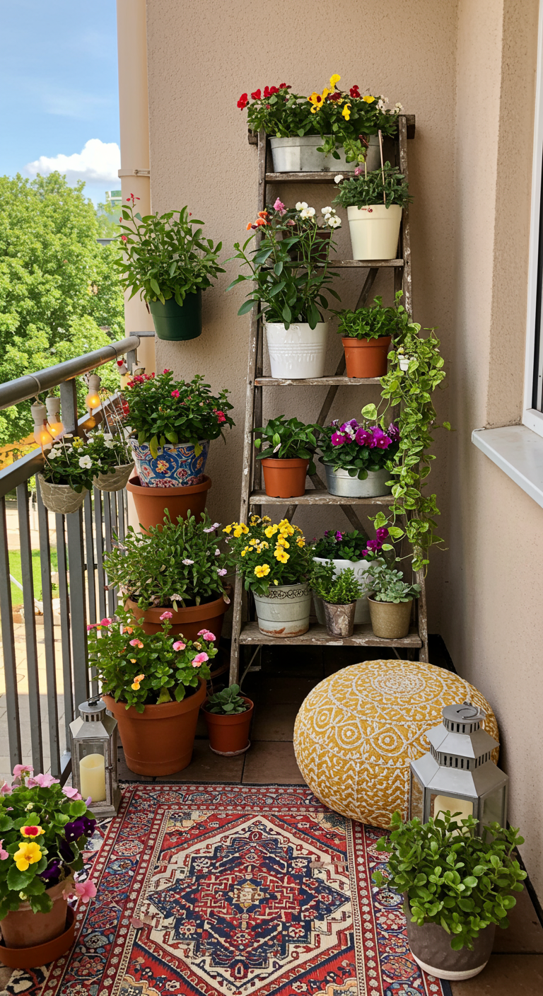 Alte Holzleiter als Pflanzenregal auf Balkon mit bunten Blumen und Teppich.