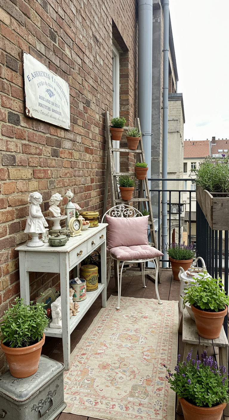 Balkon mit Backsteinwand, Leiter als Pflanzenregal und Vintage-Stuhl