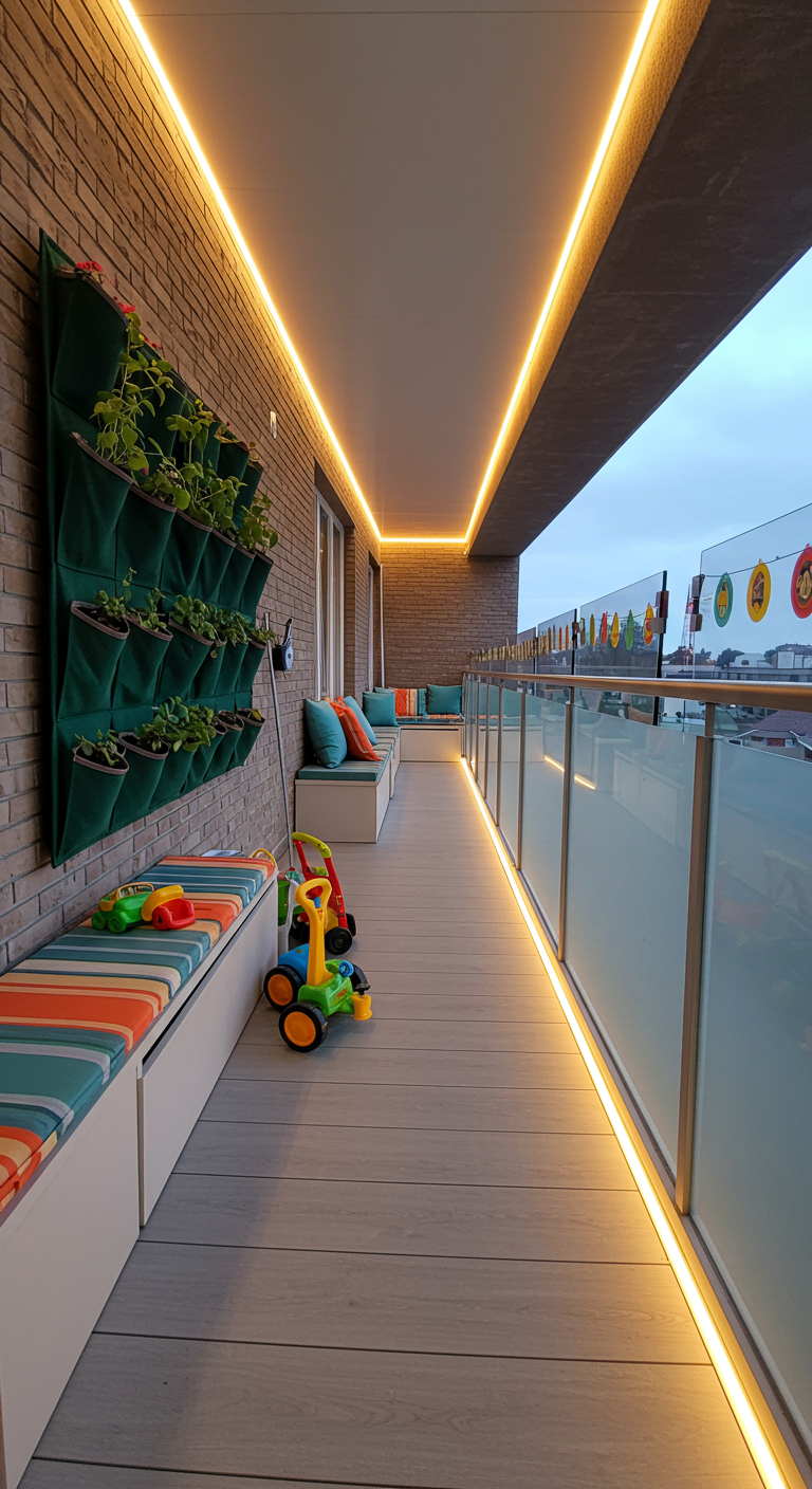Langer Balkon mit LED-Lichtleisten, Sitzbänken und vertikalem Pflanzbeutel.