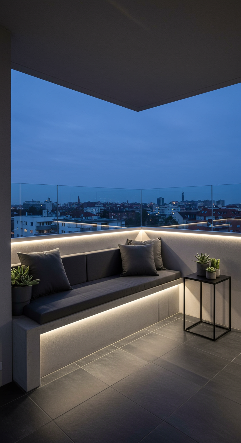 Moderner Eckbalkon bei Nacht mit beleuchteter Betonbank und Glasgeländer.