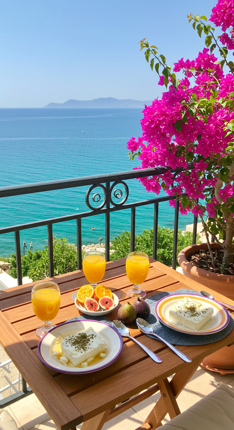 Frühstück mit Feta und Feigen auf einem Balkon mit Meerblick und Bougainvillea.