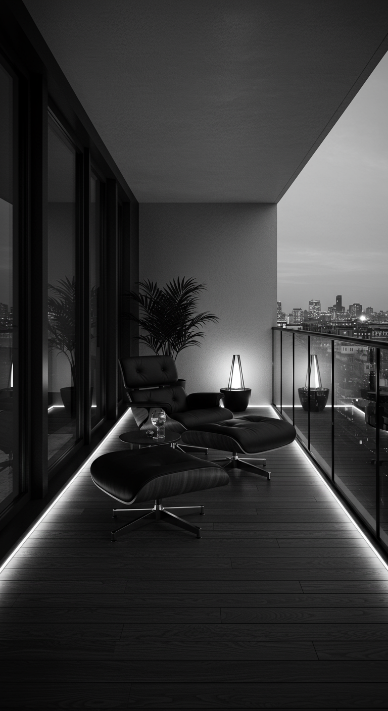 Minimalistischer Balkon bei Nacht mit Design-Sessel und LED-Bodenbeleuchtung.