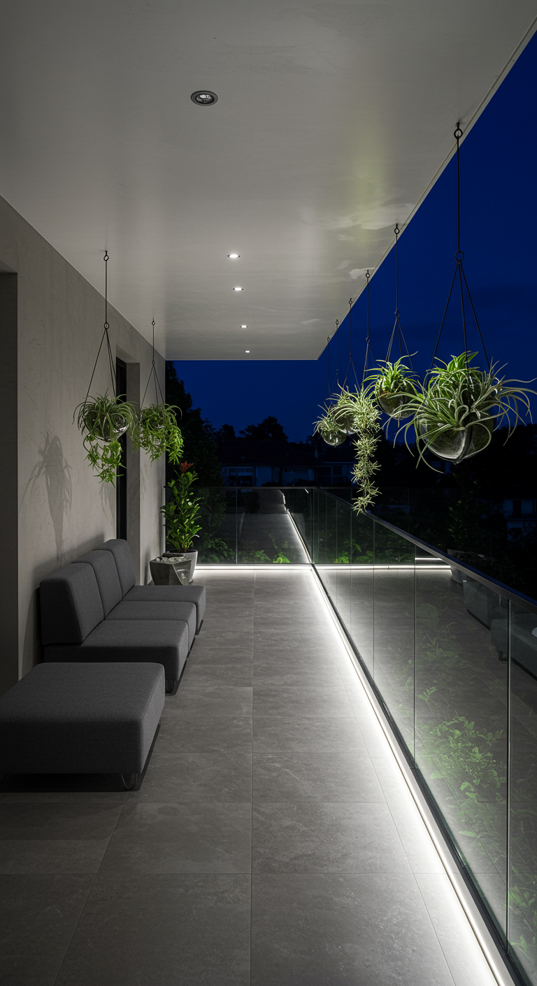 Moderner Balkon bei Nacht mit beleuchteten Hängepflanzen und minimalistischem Design.