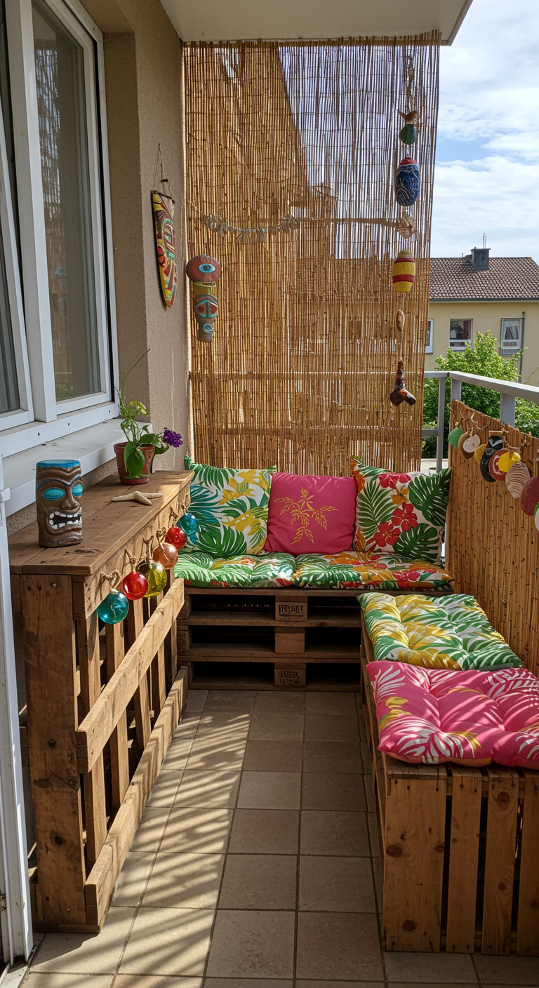 DIY-Balkonsofa aus Paletten mit bunten, tropischen Kissen und Bambus-Sichtschutz.