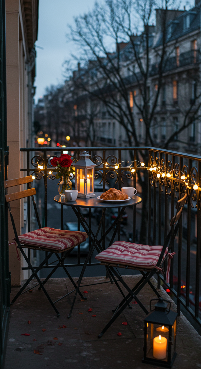 Kleiner Pariser Balkon mit Bistro-Tisch, Stühlen, Croissants und Lichtern bei Dämmerung.
