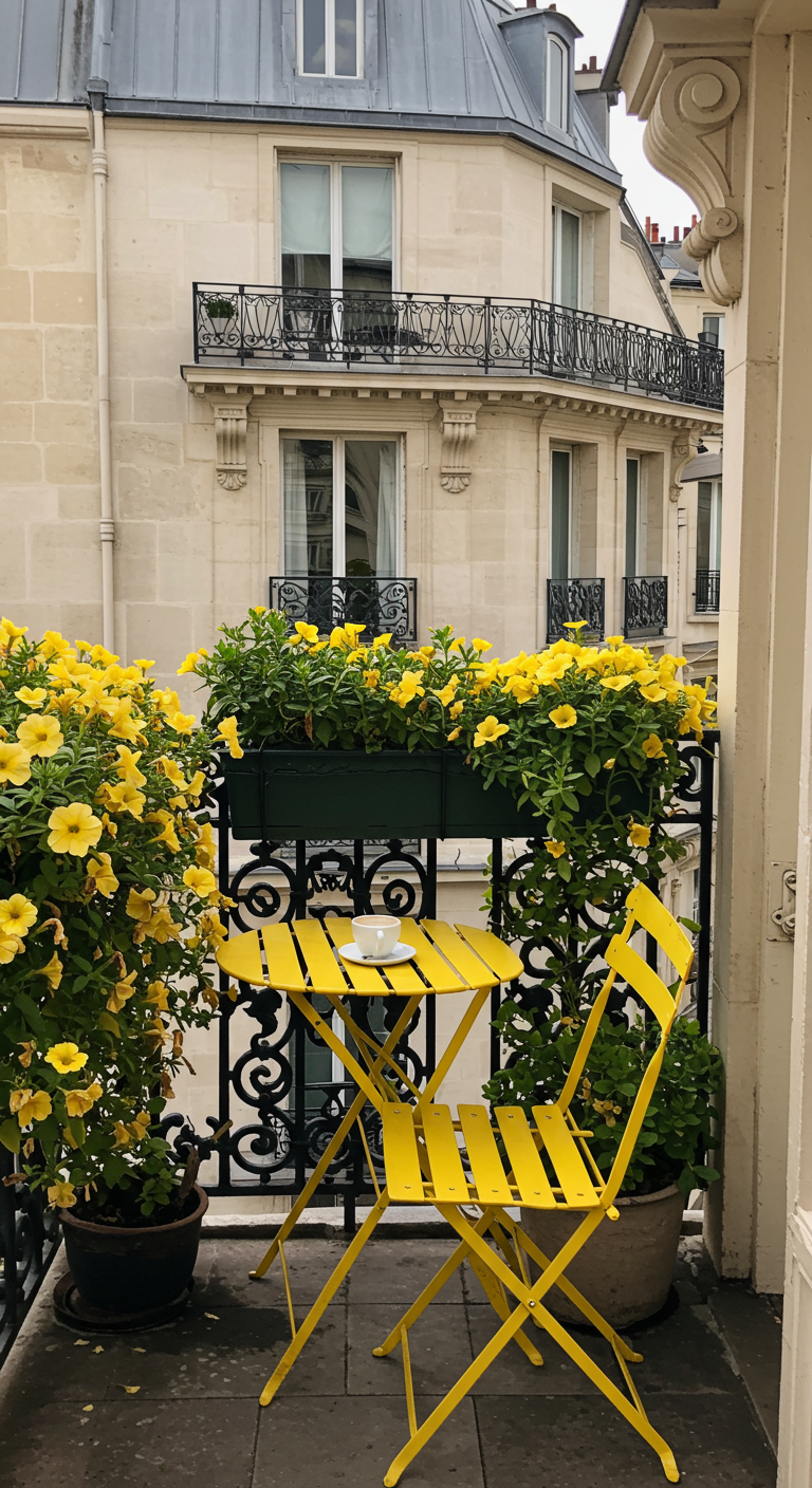 Kleiner Pariser Balkon mit gelbem Bistro-Set und überbordenden gelben Blumen.