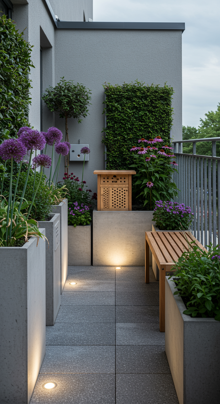 Moderner Balkon mit Betonkübeln, Zierlauch, Sonnenhut und integrierter Beleuchtung.