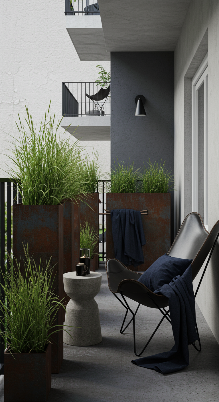 Balkon mit Cortenstahl-Pflanzkübeln, Gräsern und schwarzem Butterfly-Ledersessel.