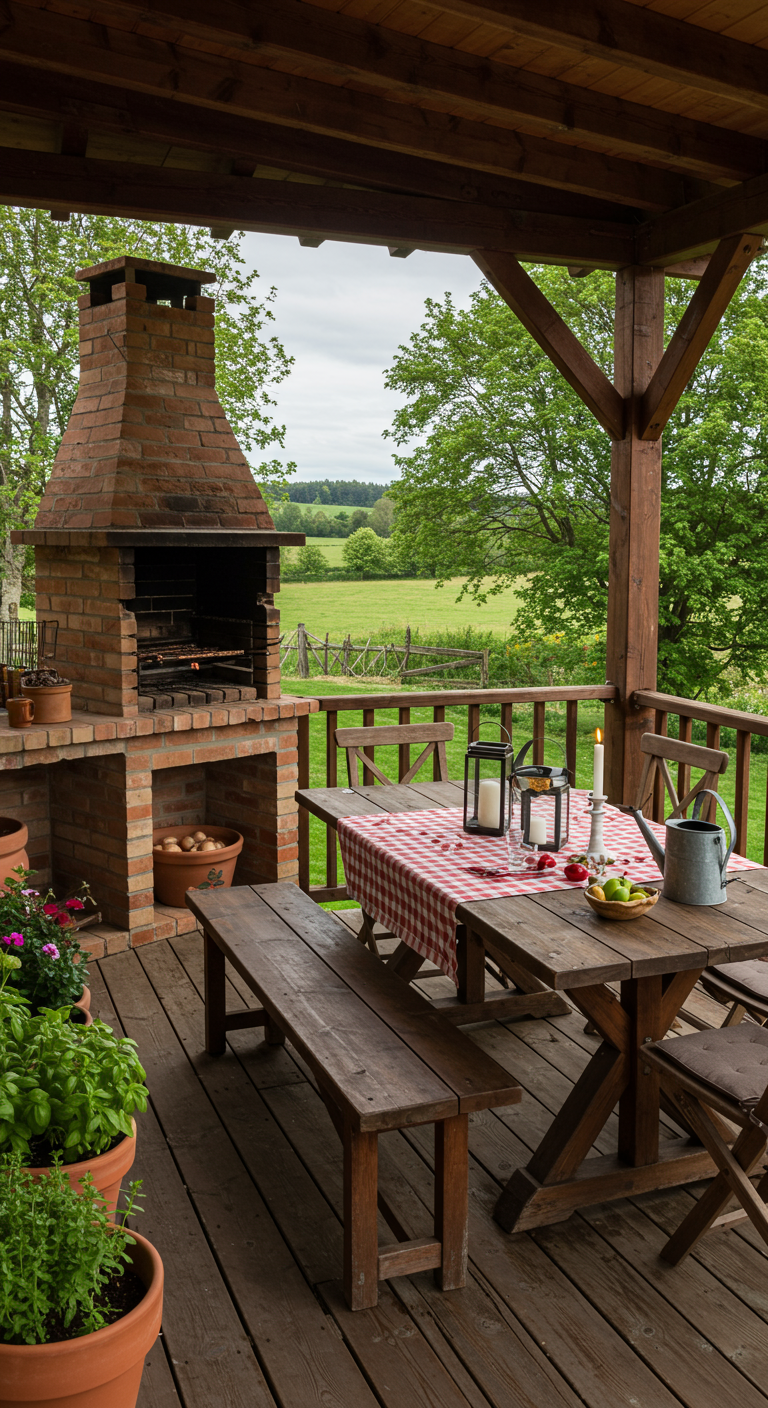Überdachter Holzbalkon mit gemauertem Grillkamin und rustikalem Holztisch.