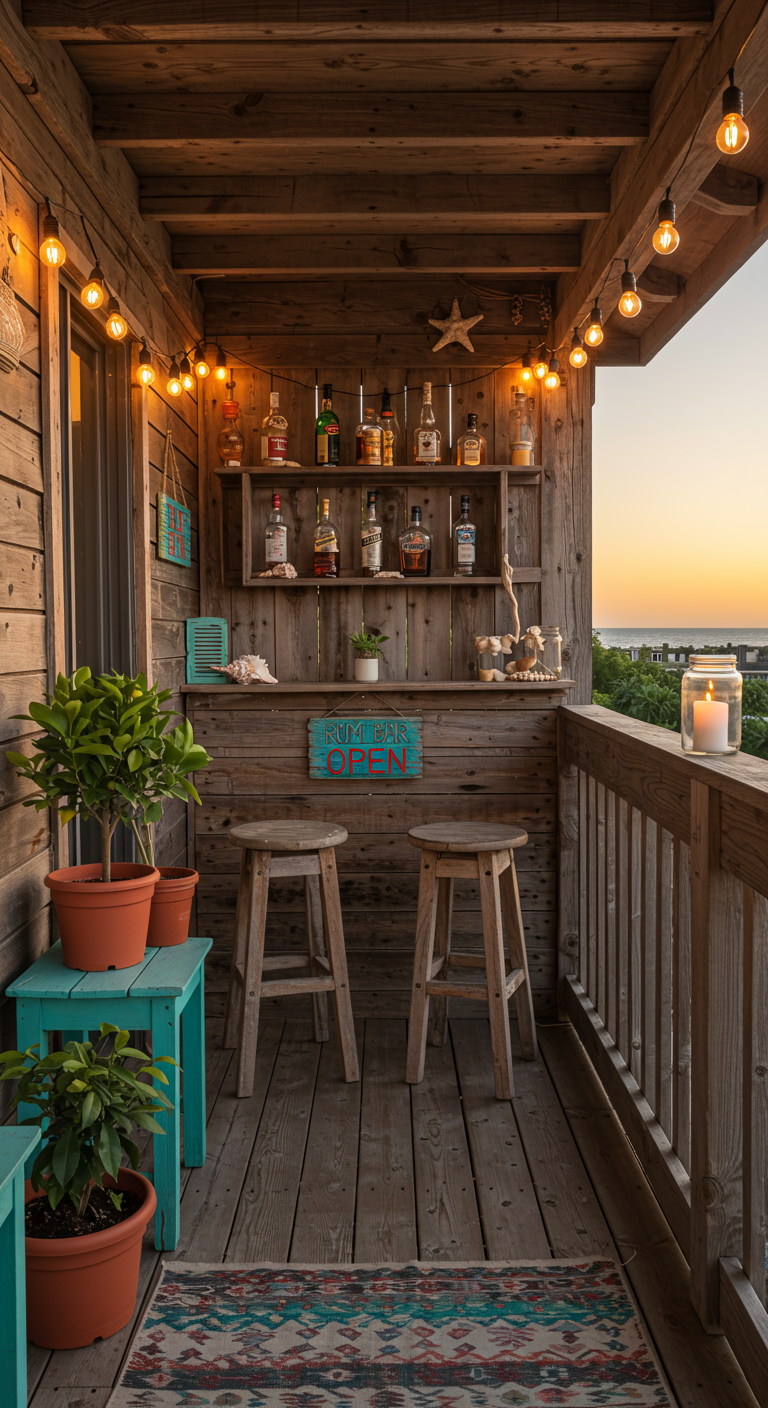 Rustikale Balkonbar aus Holzplanken mit Hockern, Lichterkette und Pflanzen bei Sonnenuntergang.