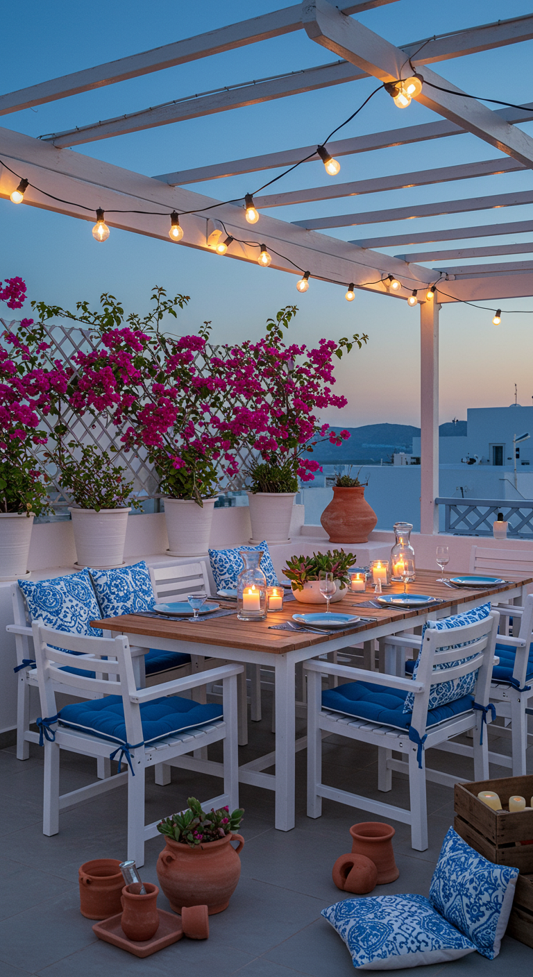 Balkon mit weiß-blauer Deko, Holztisch, Bougainvillea und Lichterkette bei Sonnenuntergang.