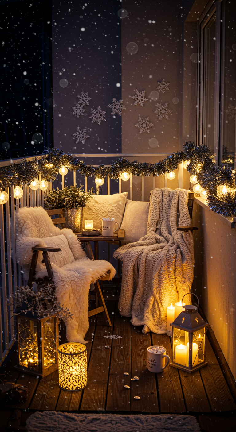 Gemütlicher Balkon mit Kunstfellen, Lichterketten und Laternen im Schnee.