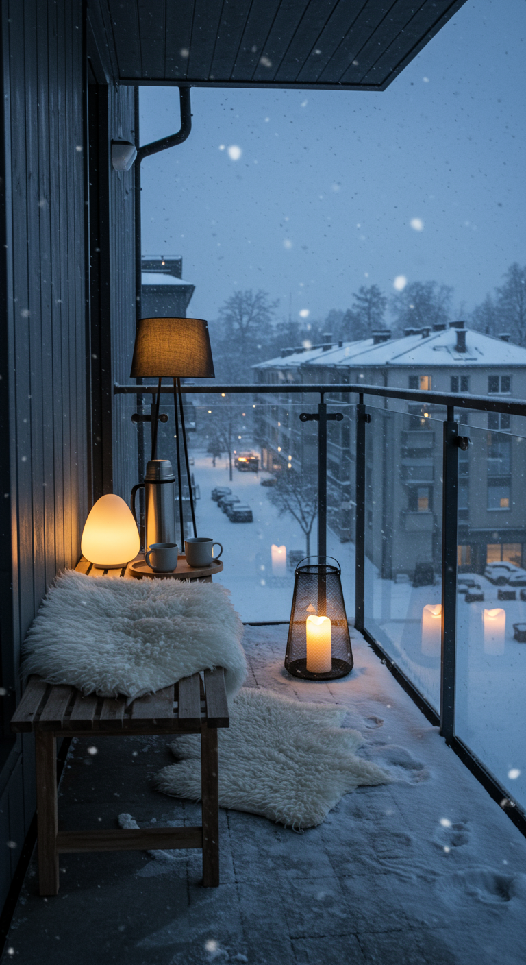 Schneebedeckter Balkon mit Holztisch, Bank mit Fell, Thermoskanne, Tasse und Laternen.