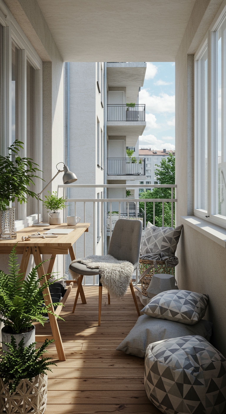 Heller Balkon-Arbeitsplatz im skandinavischen Stil mit Holztisch und vielen Kissen.