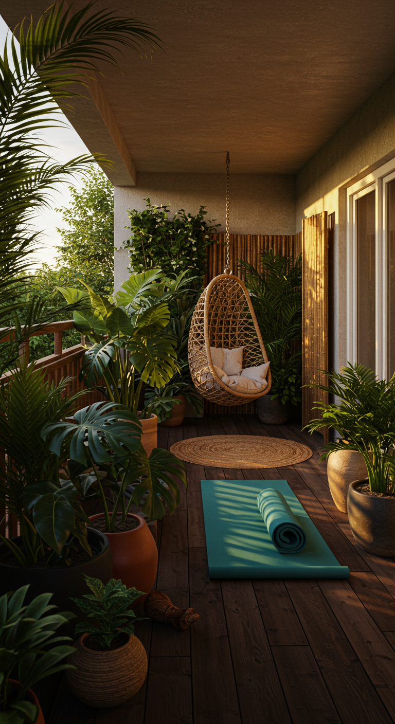 Boho-Balkon mit Hängesessel, vielen Grünpflanzen und türkiser Yogamatte.