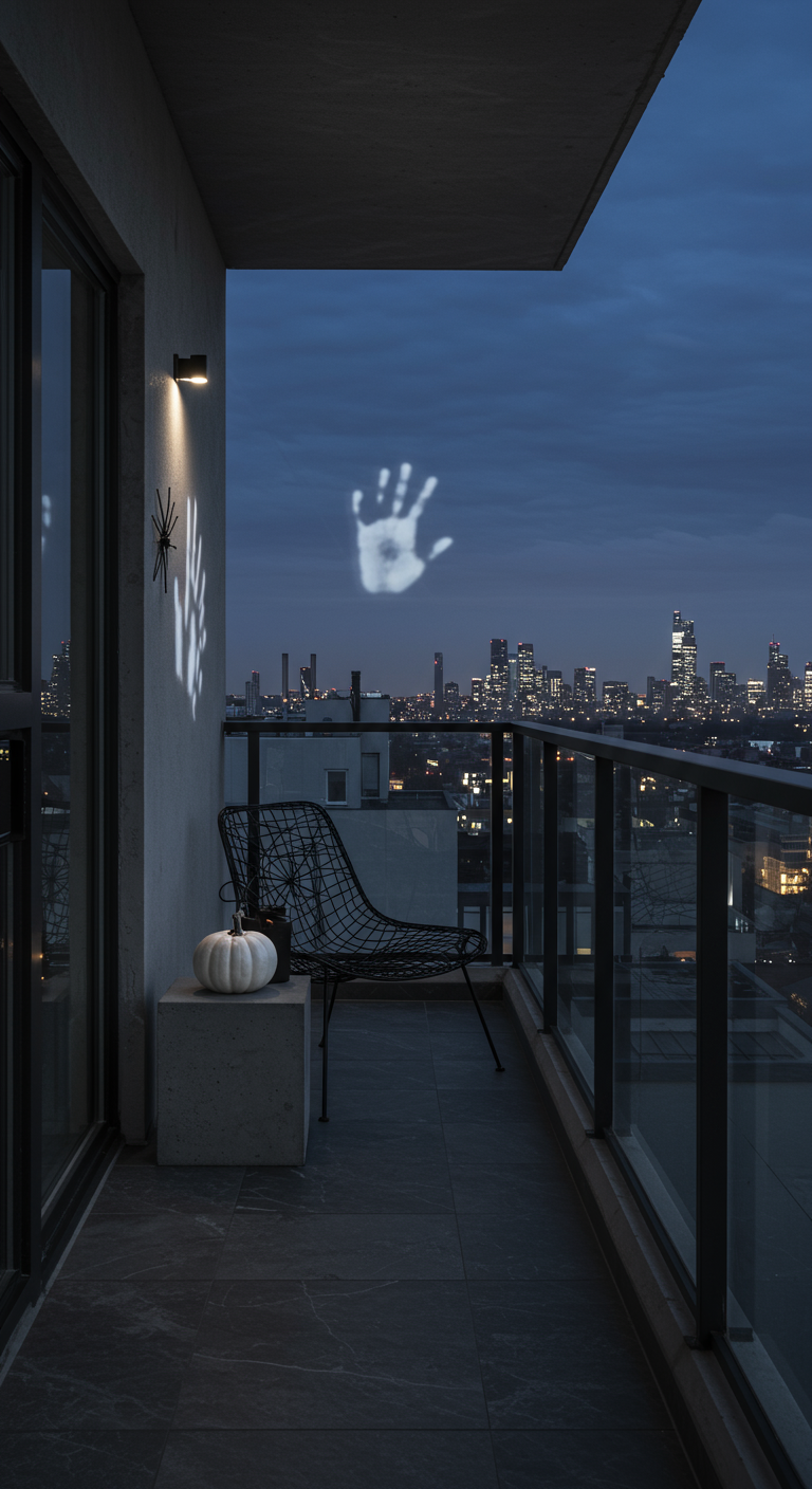 Moderner Balkon mit projizierter Hand an der Wand und weißem Kürbis bei Nacht.