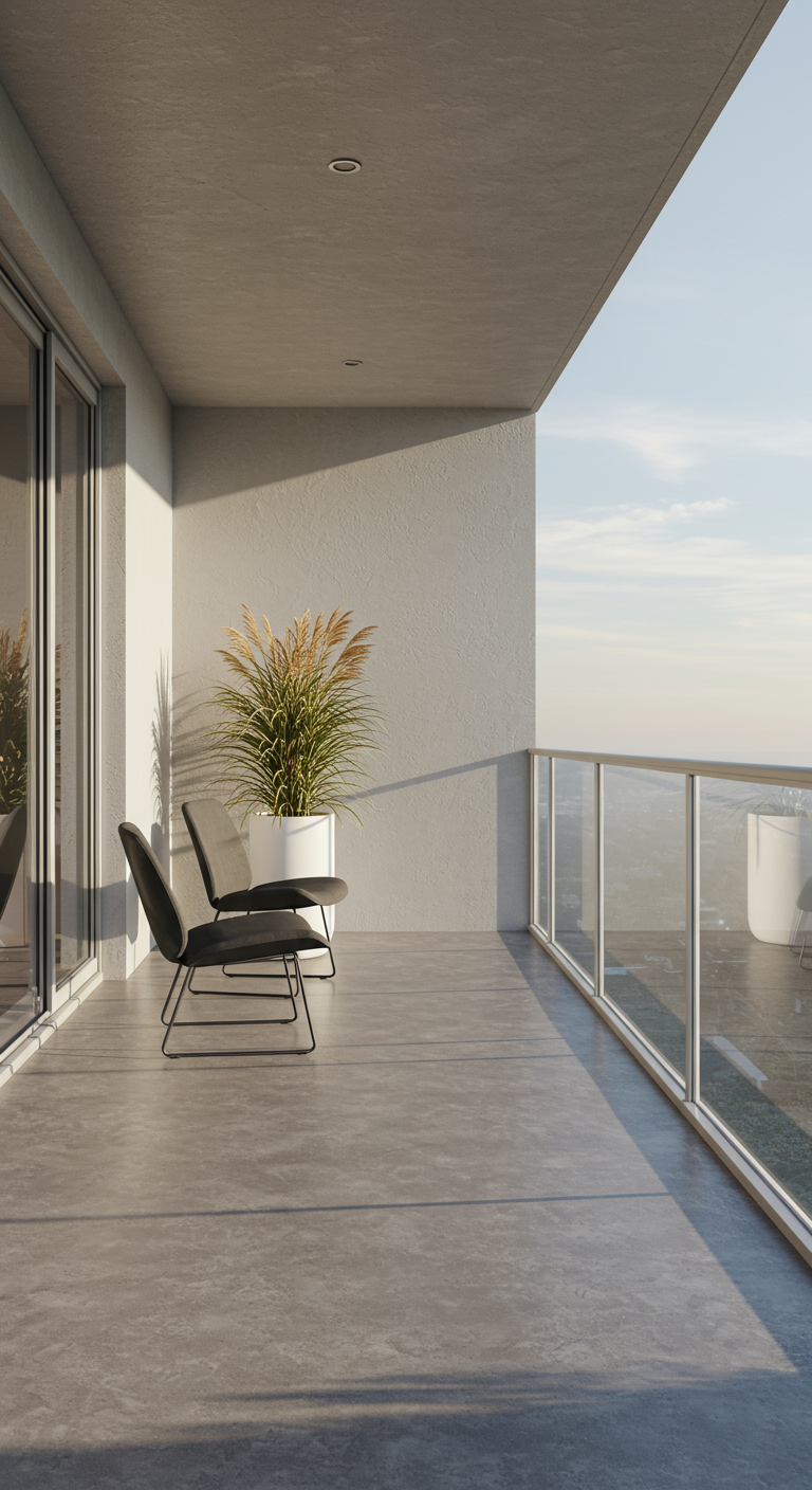 Minimalistischer Balkon mit Betonboden, zwei Design-Stühlen und Gräsern.