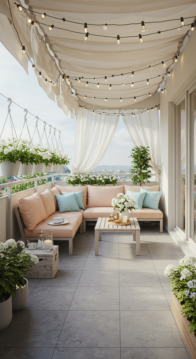 Großer Balkon mit apricotfarbenem Ecksofa, blauen Kissen und Stoffdach.