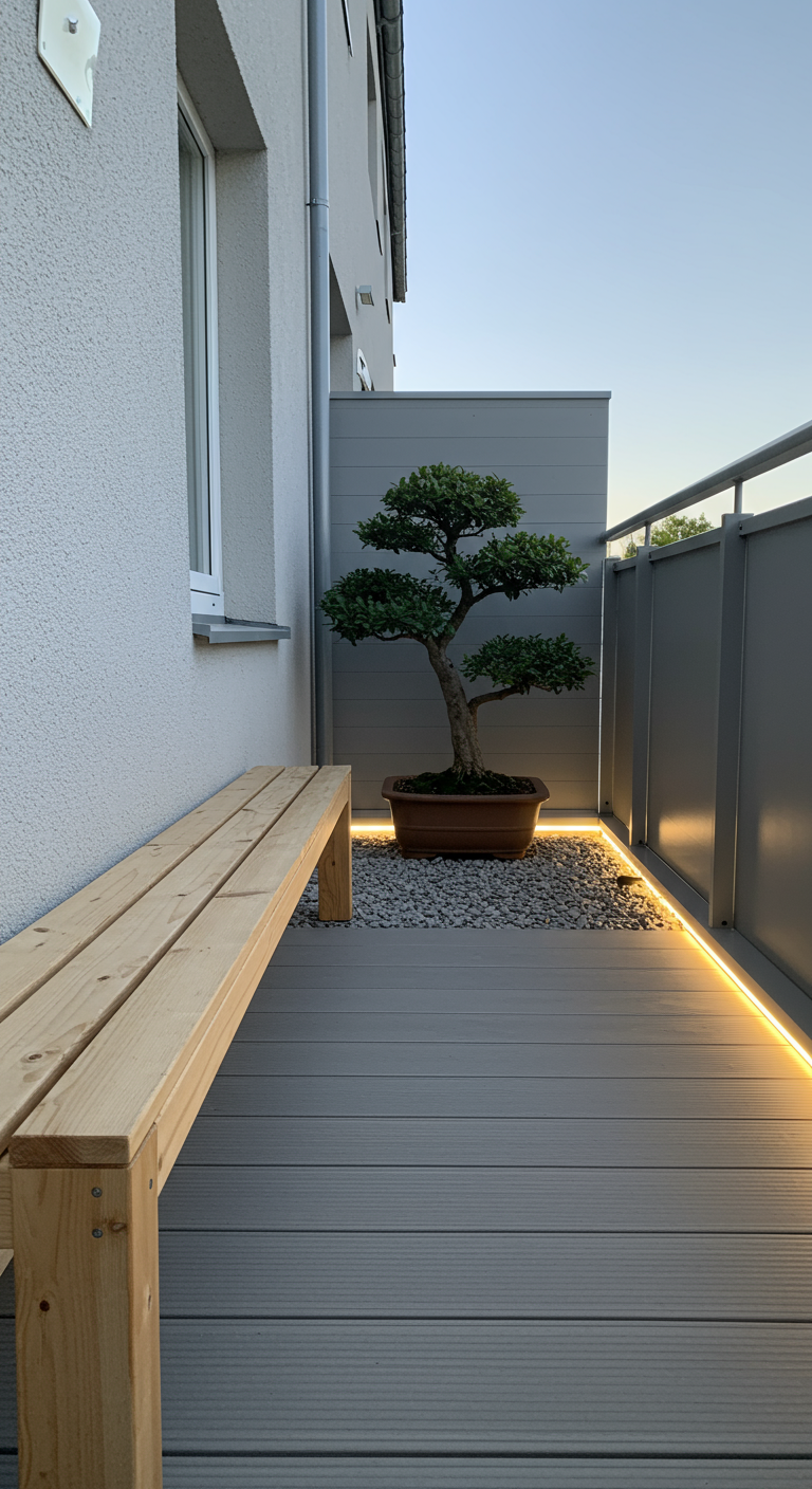 Minimalistischer Balkon mit Holzbank, Bonsai auf Kies und LED-Bodenlicht.