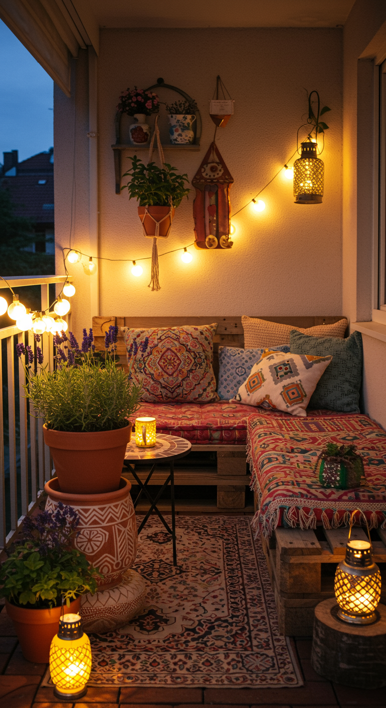 Gemütlicher Balkon bei Nacht mit Palettensofa, bunten Kissen, Kräutern und Laternen.