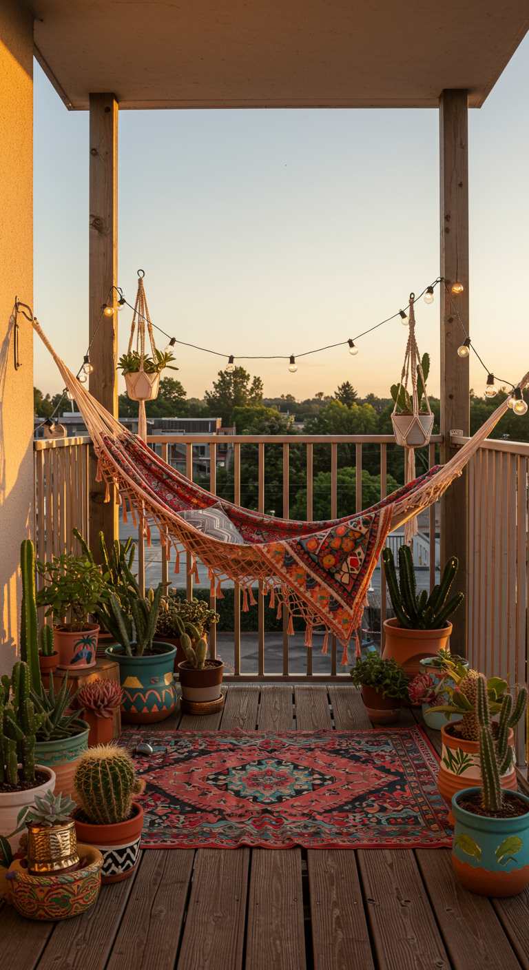 Balkon mit Hängematte, Lichterkette und vielen Kakteen in bunten Töpfen bei Sonnenuntergang.