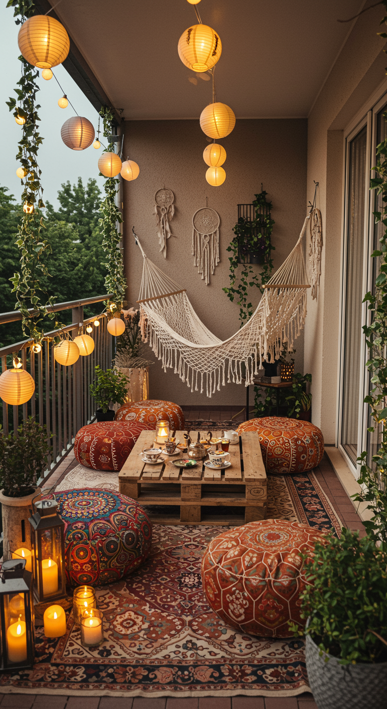 Boho-Balkon mit Hängematte, Lampions, Poufs, Teppich und vielen Pflanzen.
