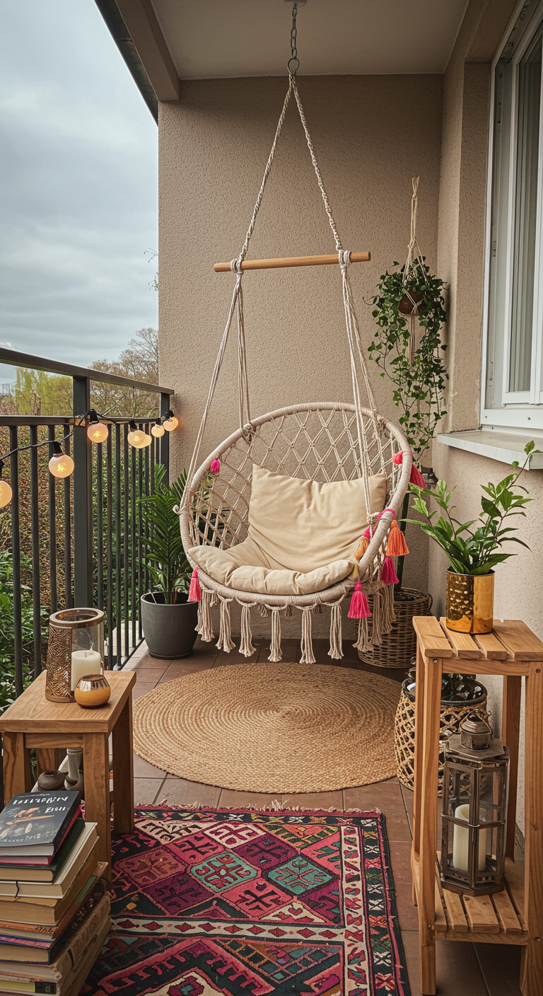 Nordbalkon im Boho-Stil mit Hängesessel, buntem Teppich und Laternen.