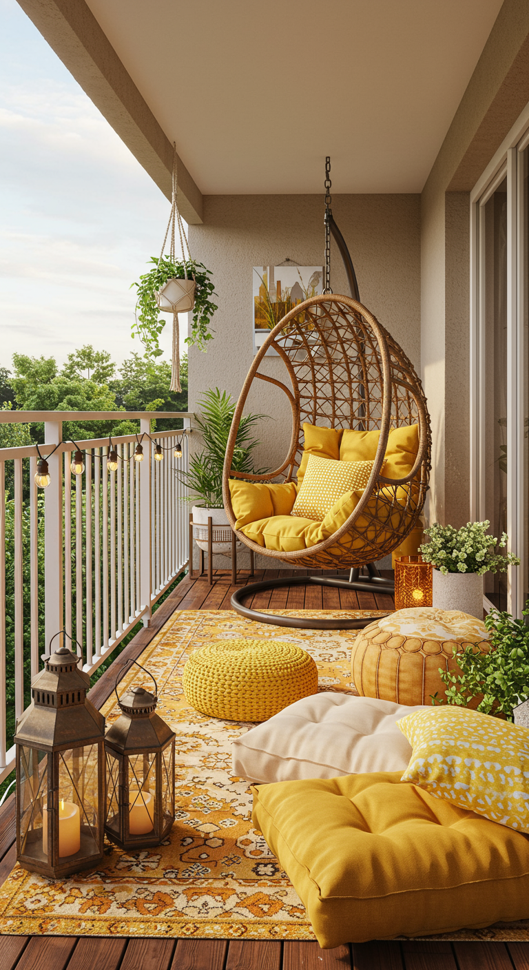 Boho-Balkon mit Hängesessel, vielen gelben Kissen, Poufs und Laternen.
