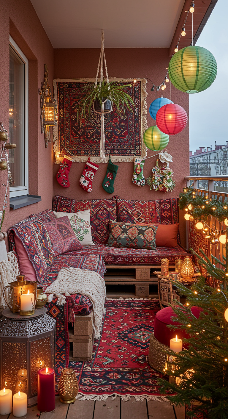 Farbenfroh dekorierter Boho-Balkon mit Lampions, Teppichen und Palettenmöbeln.