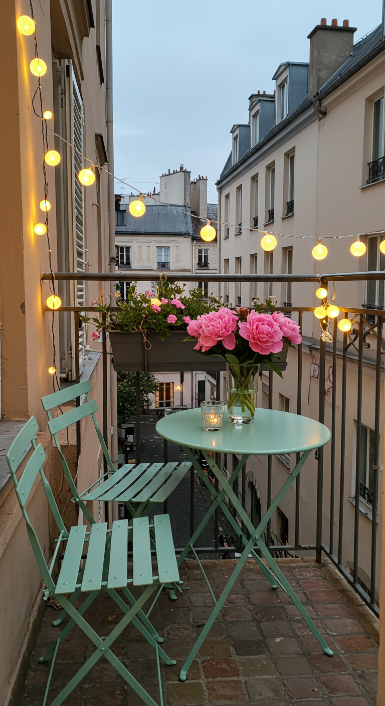 Pariser Balkon mit mintgrünem Bistro-Set, rosa Pfingstrosen und Lichterkette.